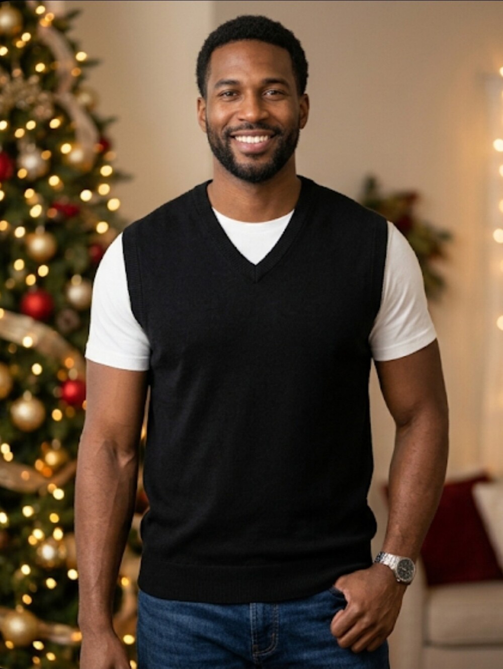 Black Vest Men 2XB Knit Sleevless Marino Wool New